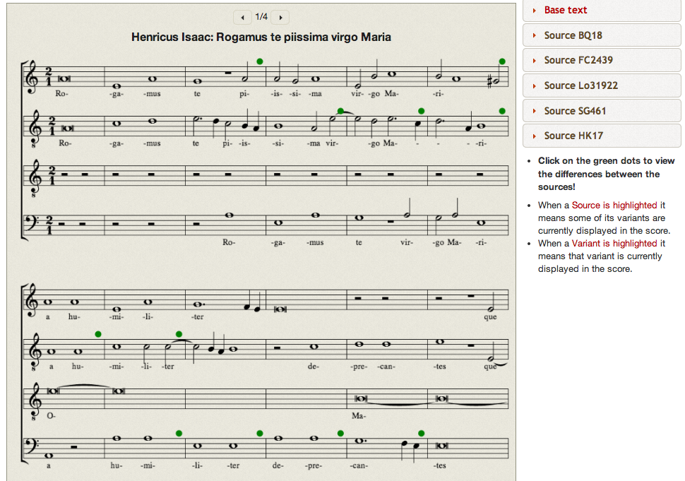 Figure 1: Base text displayed, and green dots mark the measures where some of the sources contain differences.