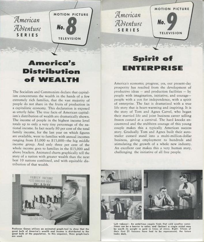 Brochure for American Adventure Series, a TV program sponsored by Cold War free enterprise group The National Educational Program. Episode 8 promises viewers that the rich aren’t overly numerous or overly wealthy, while Episode 9 assures viewers that they, too, can be millionaires given the gumption. Although NAEB’s network manager declined to purchase the (TV) program for (radio) broadcast, this spiritual kin to Fifty Years is represented—along with other relevant materials—in NAEB document collections. 