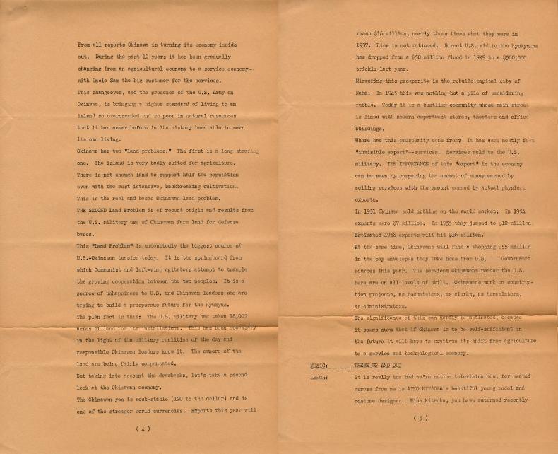 Script for Report from Japan hosted by John Lerch (c1956). Although many economy-themed recordings focus on the U.S., documents hint at the extent to which U.S. postwar foreign policy sought to protect and expand capitalism abroad. See also the War and Civil Defense theme in the collection.