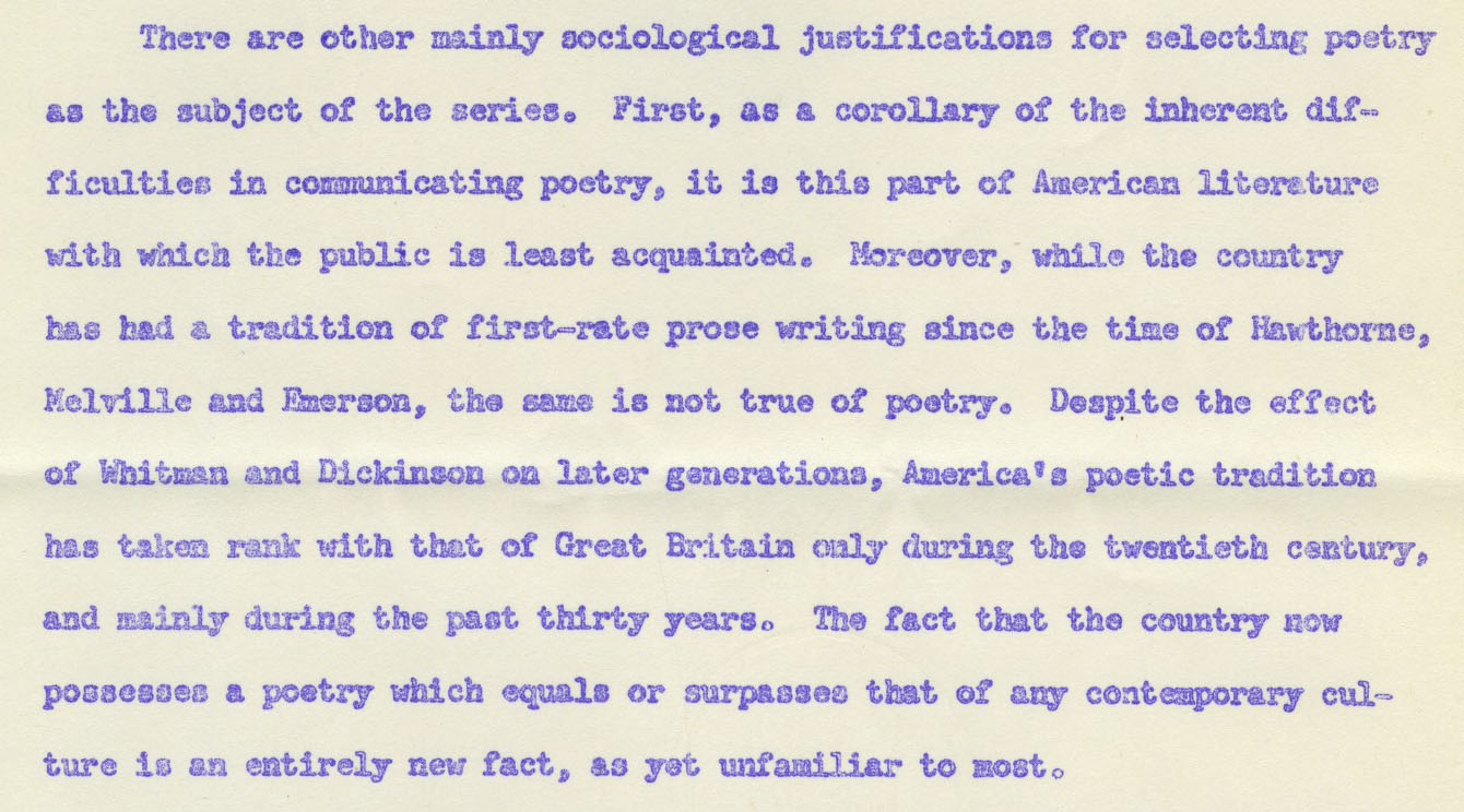 Excerpt from a Rockefeller Foundation proposal for a six-month experiment in broadcasting poetry. Available at [Unlocking the Airwaves](https://mith.umd.edu/airwaves/document/naeb-b057-f09/#42).